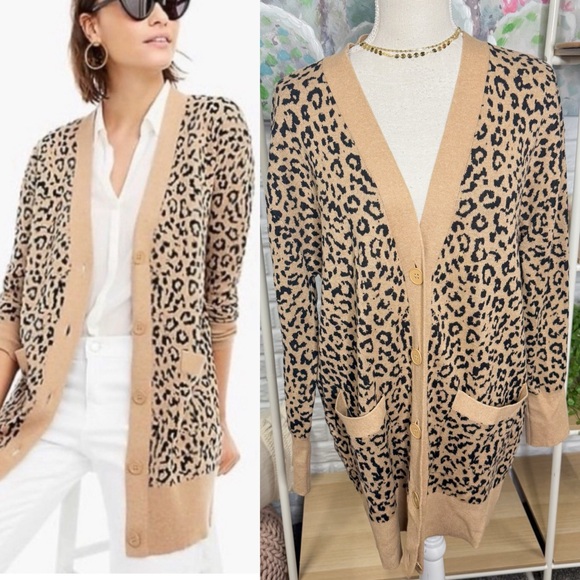 J. Crew Merino Wool/Cotton Blend Leopard Print Long Line Cardigan (M) - Picture 1 of 5